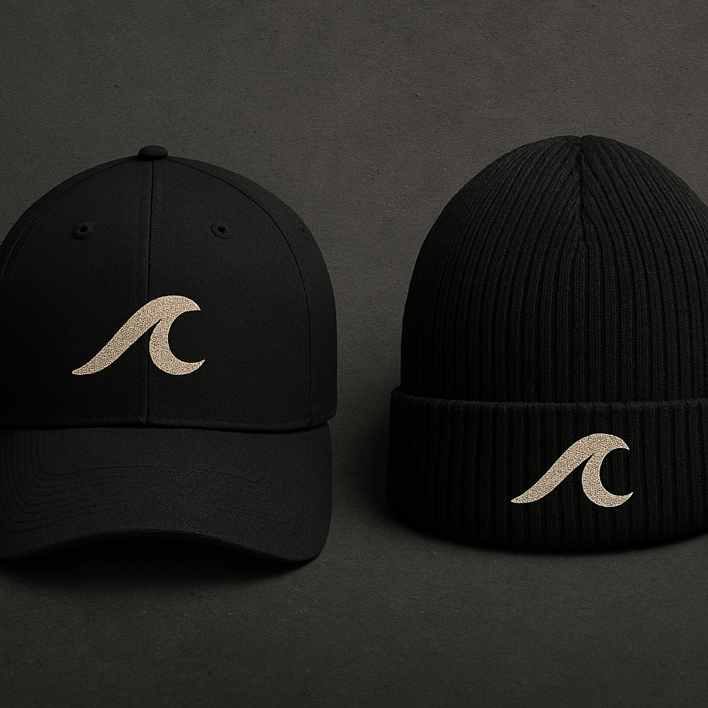 Boné e gorro pretos com logotipo ondulado bordado.
