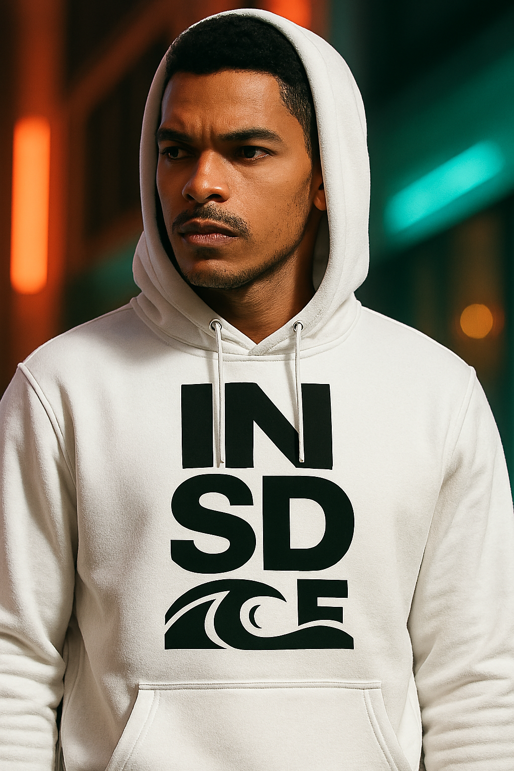 Homem vestindo um moletom branco com a inscrição "INSIDE" em letras pretas e em negrito e um desenho de onda. À noite, com a cidade ao fundo.