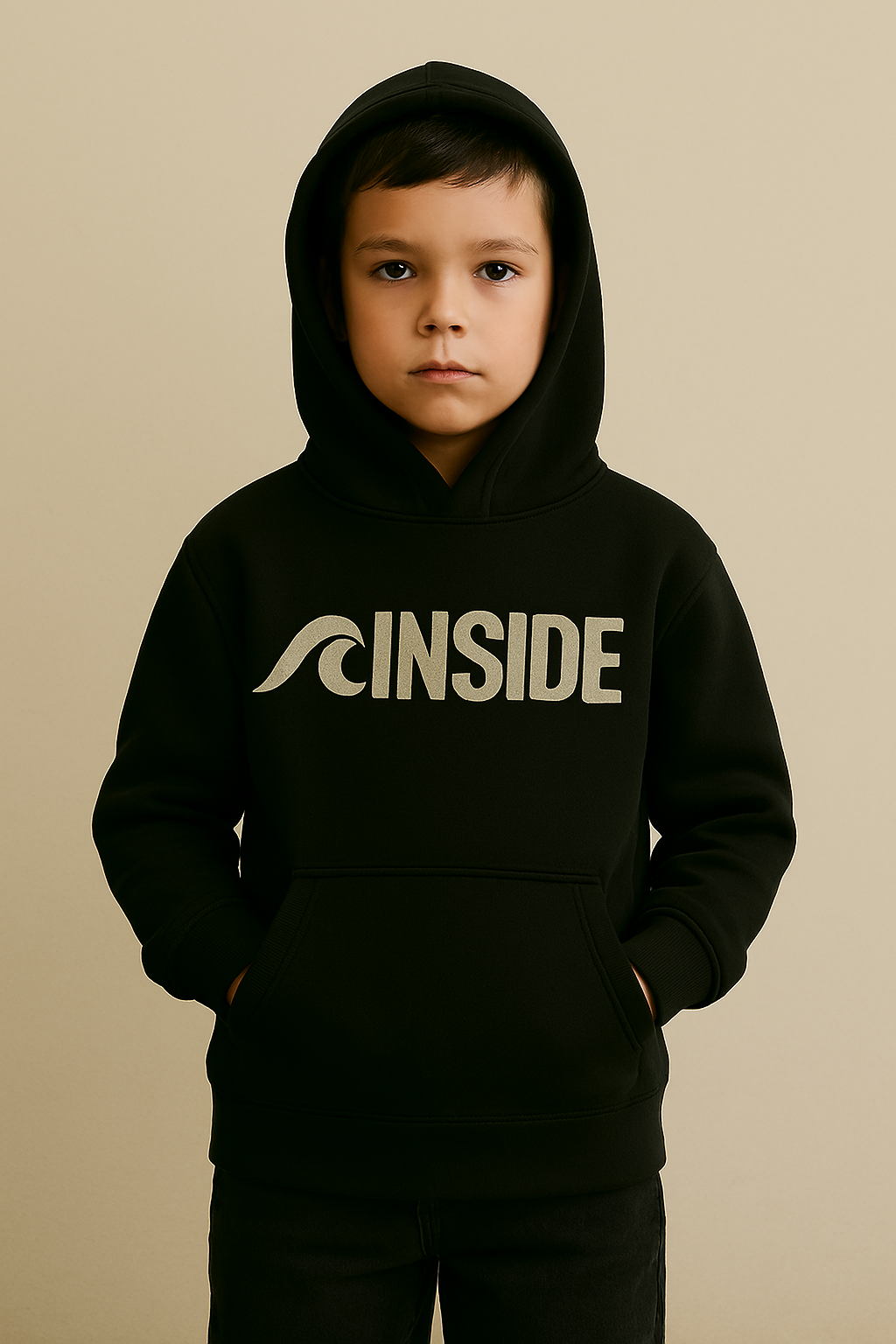 Menino com capuz preto com a inscrição "INSIDE", mãos nos bolsos, olhando para frente.