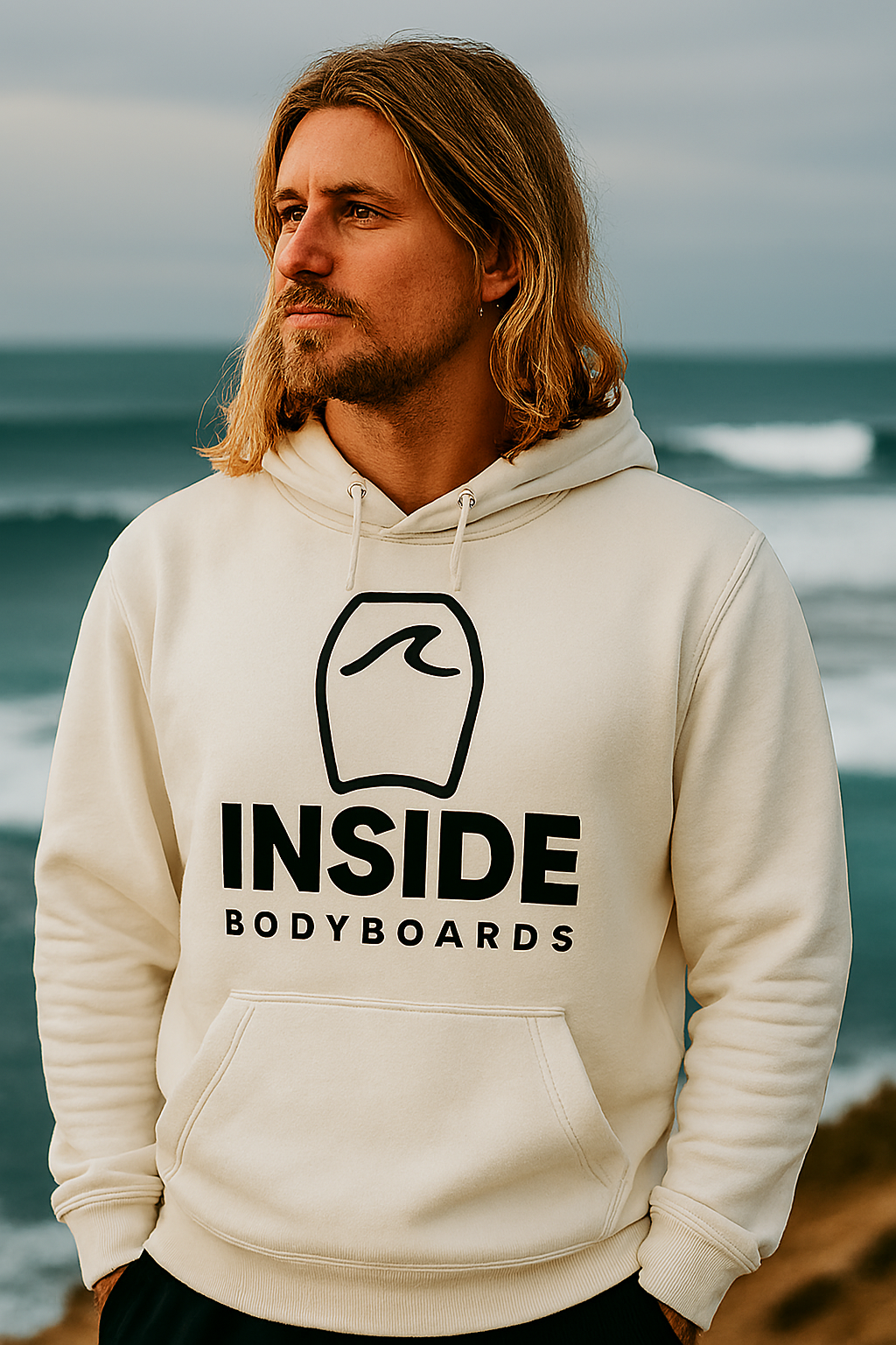 Homem com moletom creme com o logotipo "INSIDE BODYBOARDS", em pé perto do oceano, olhando para fora da câmera.