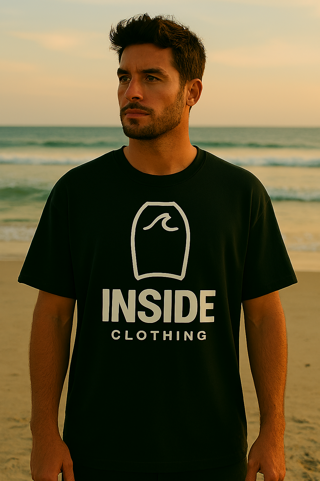 Homem vestindo camiseta preta com logotipo, em pé na praia. Oceano ao fundo.
