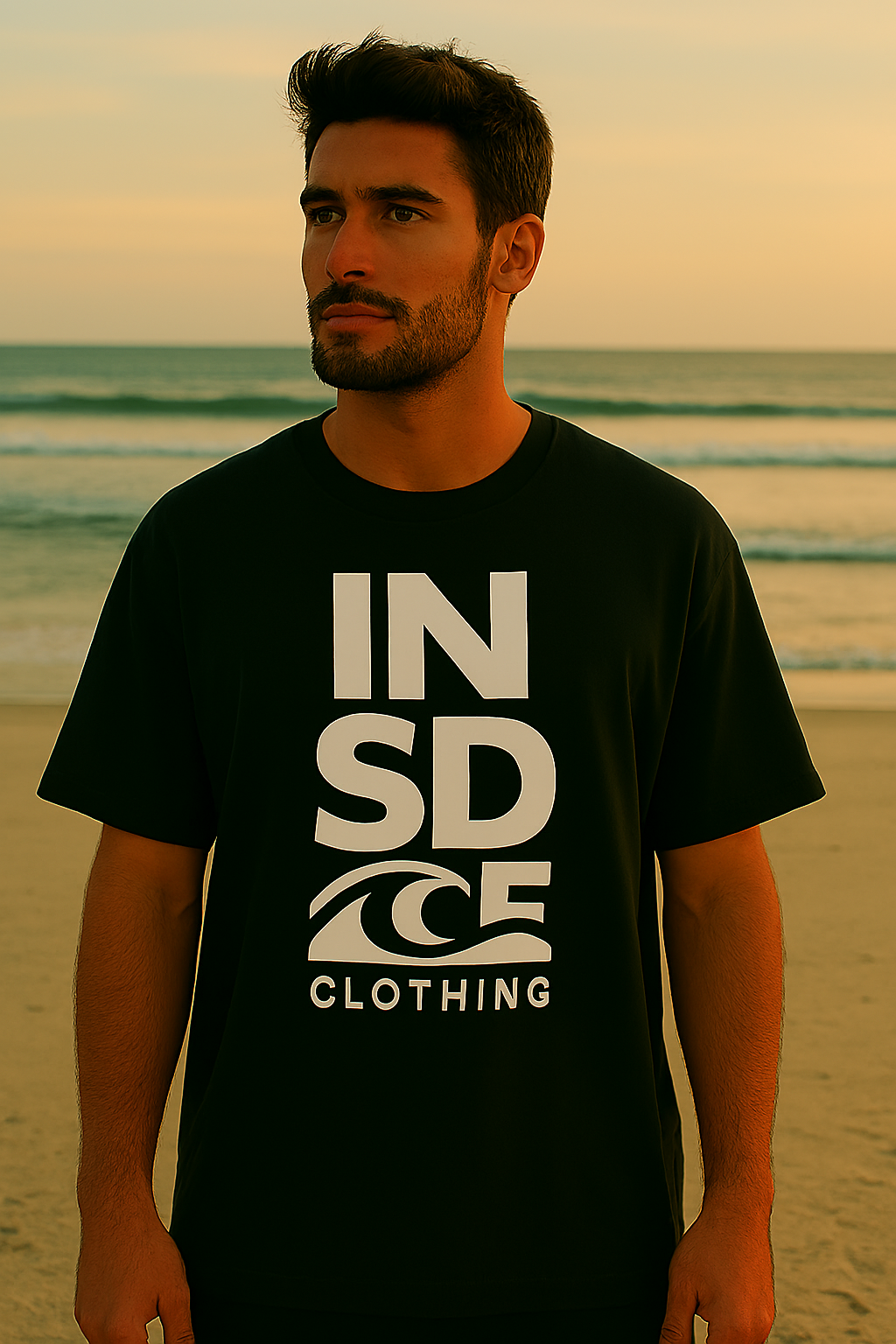 Homem vestindo uma camiseta preta com o logotipo "INSIDE CLOTHING" em uma praia.