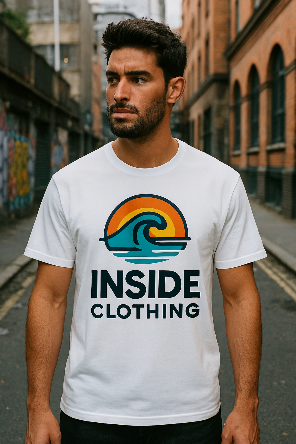 Homem vestindo uma camiseta branca com uma onda e um pôr do sol. A camiseta diz "ROUPA INTERNA". Ele está em uma rua da cidade.