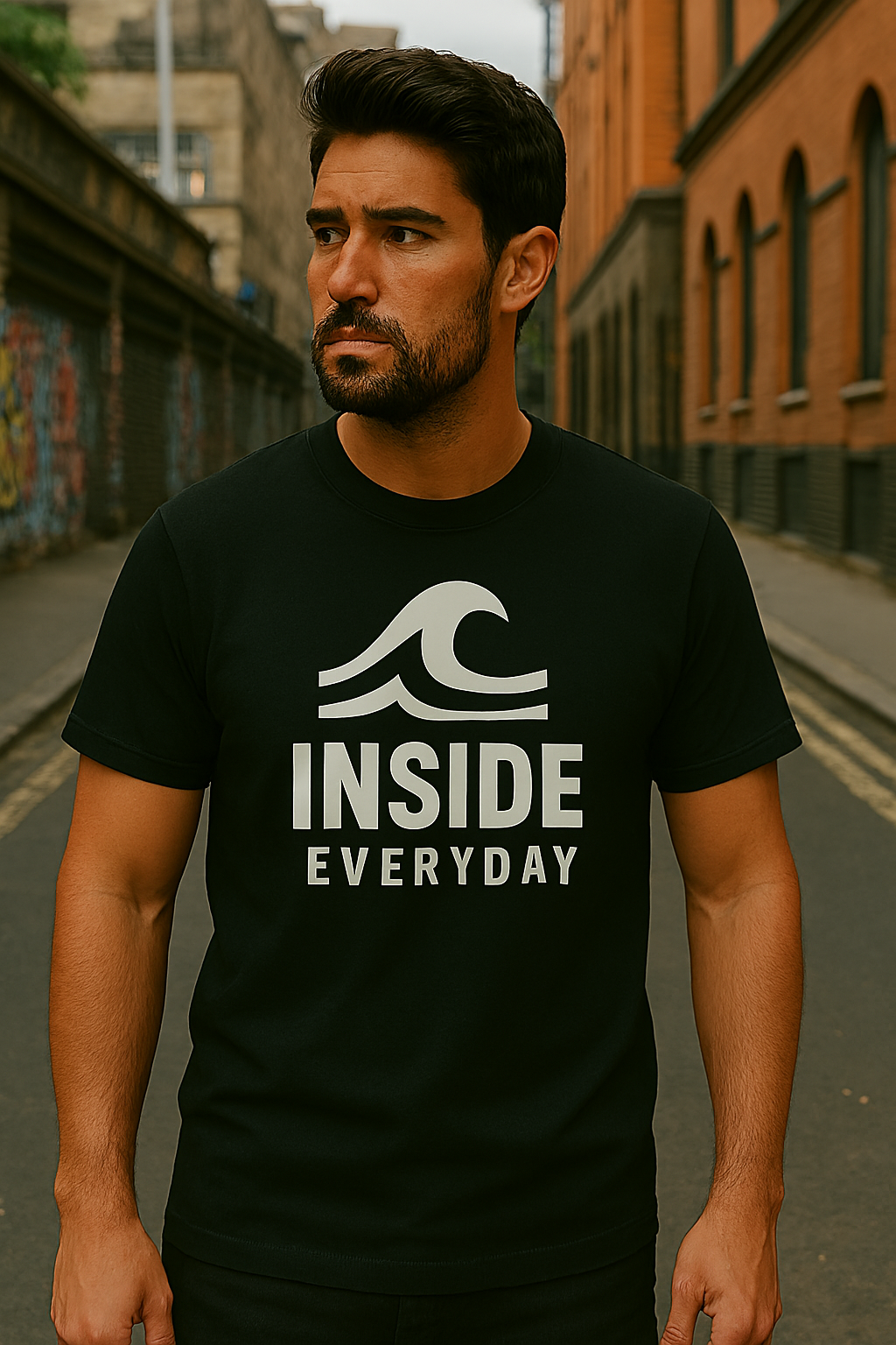 Homem vestindo uma camiseta preta com um logotipo branco ondulado e as palavras "INSIDE EVERYDAY" em pé na rua.