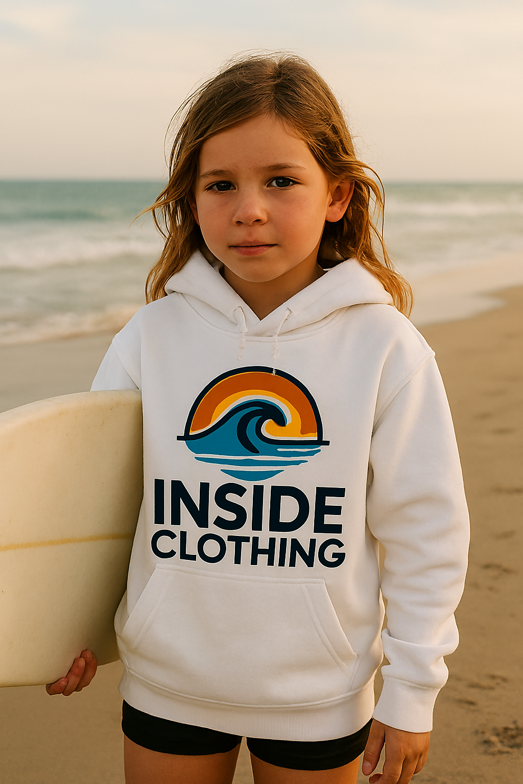 Garota vestindo moletom branco com logotipo de onda, segurando prancha de surfe na praia.