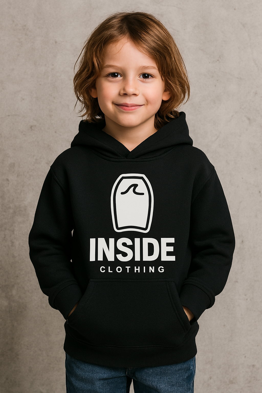 Criança vestindo um moletom preto com um logotipo branco, sorrindo, em pé em frente a um fundo cinza.