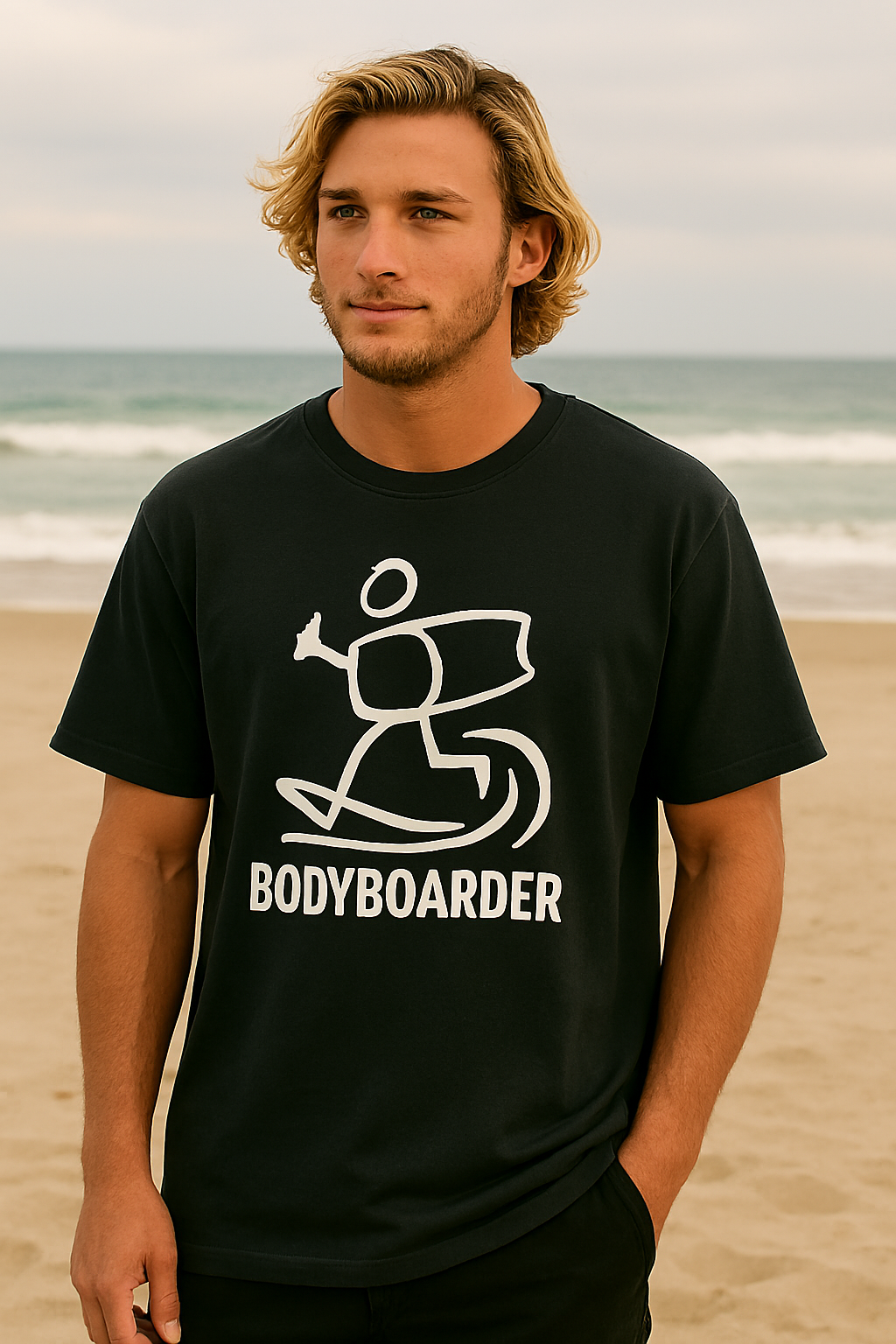 Homem vestindo uma camiseta preta "Bodyboarder" em uma praia, com ondas ao fundo.