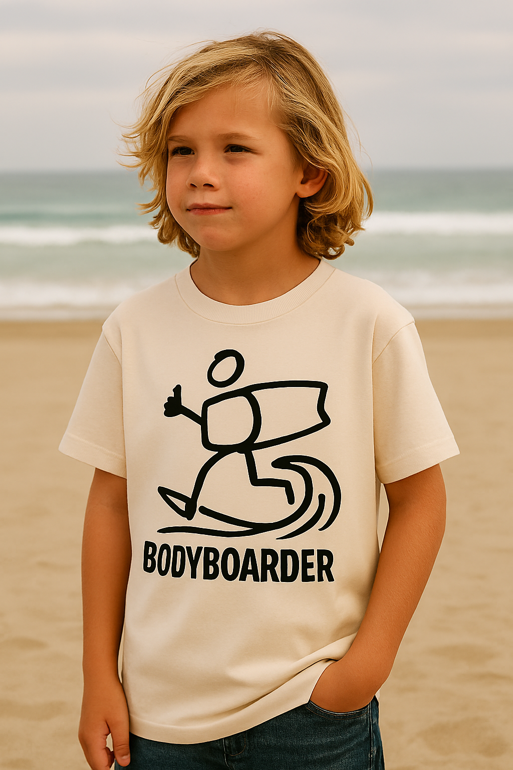 Menino vestindo uma camiseta bege "Bodyboarder" na praia, posando com a mão no bolso.