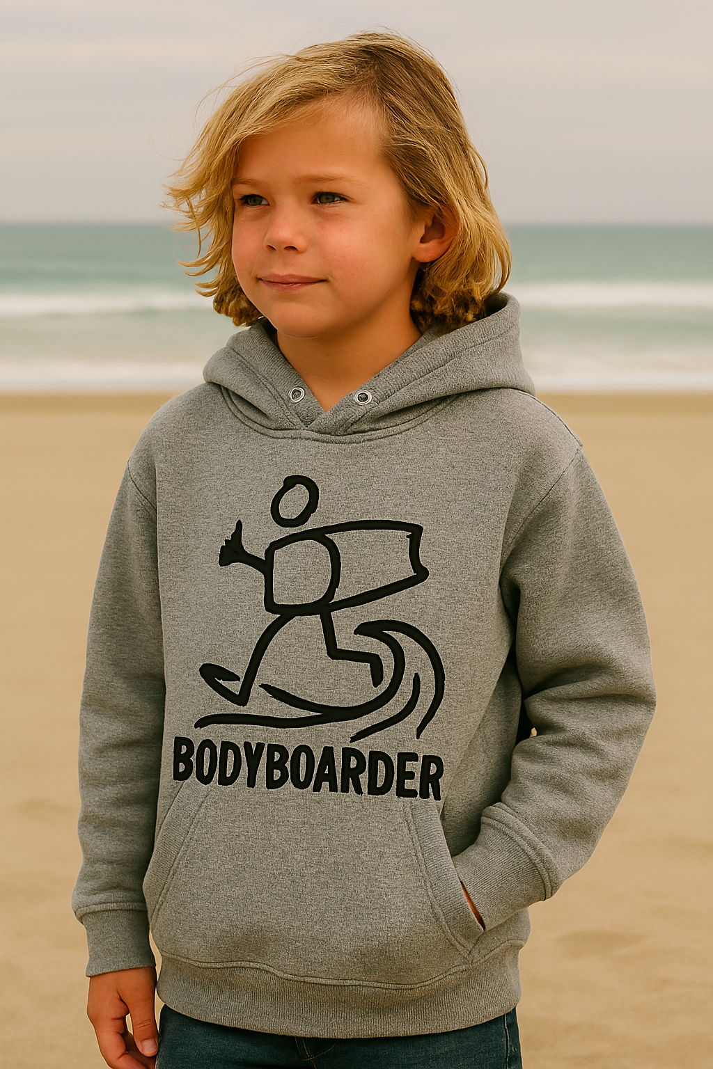 Garoto vestindo um moletom cinza com a frase "Bodyboarder" na praia.