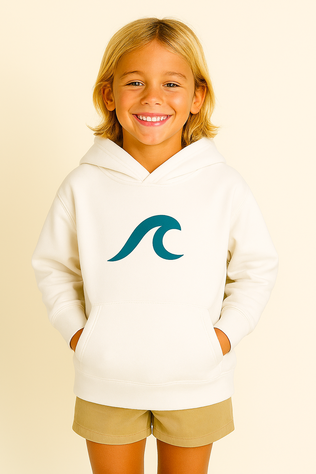Criança vestindo moletom creme com estampa de ondas azul-petróleo, shorts cáqui, sorrindo.