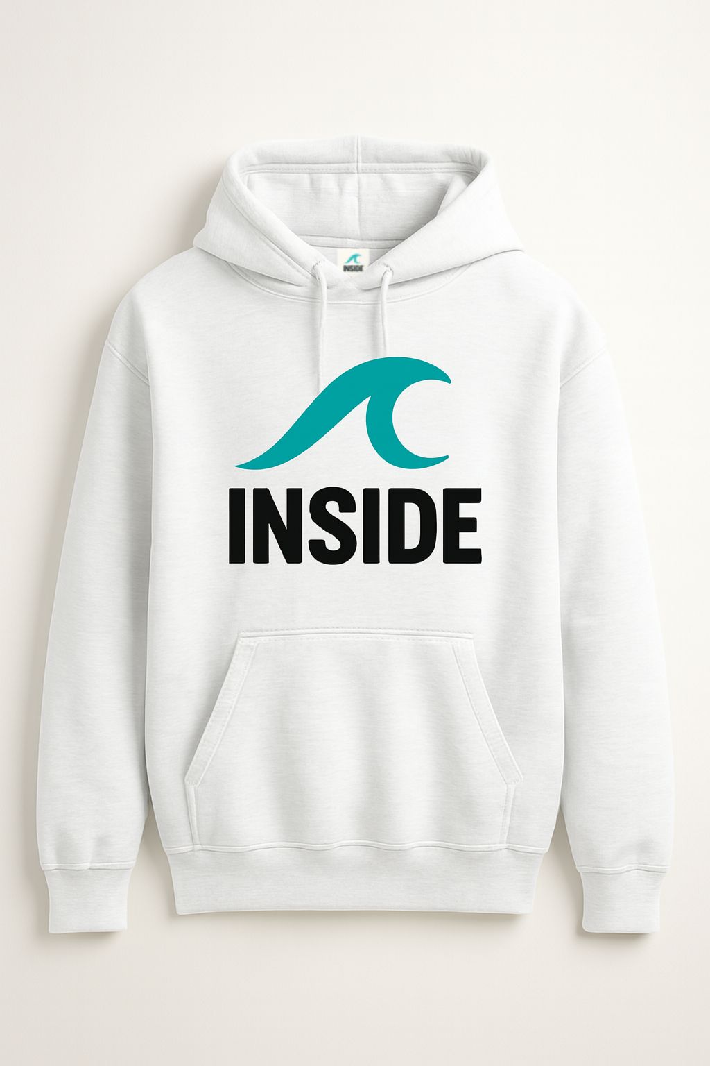 Moletom com capuz branco com logotipo de onda turquesa acima da palavra "INSIDE" em preto.