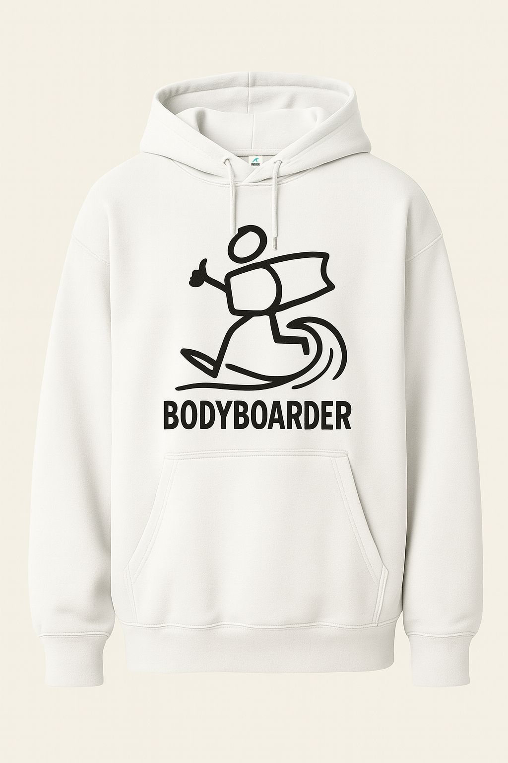 Moletom com capuz branco com um desenho de um bodyboarder preto e a palavra "BODYBOARDER" abaixo.