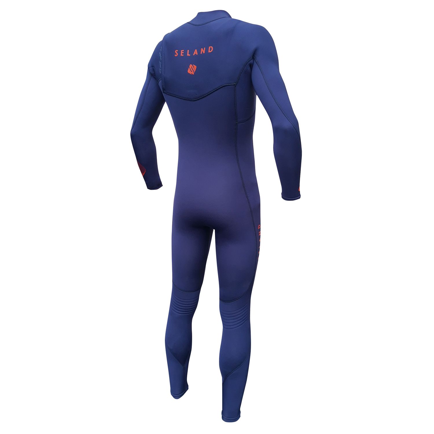 Roupa de mergulho roxa com joelheiras pretas e logotipo laranja em fundo branco.