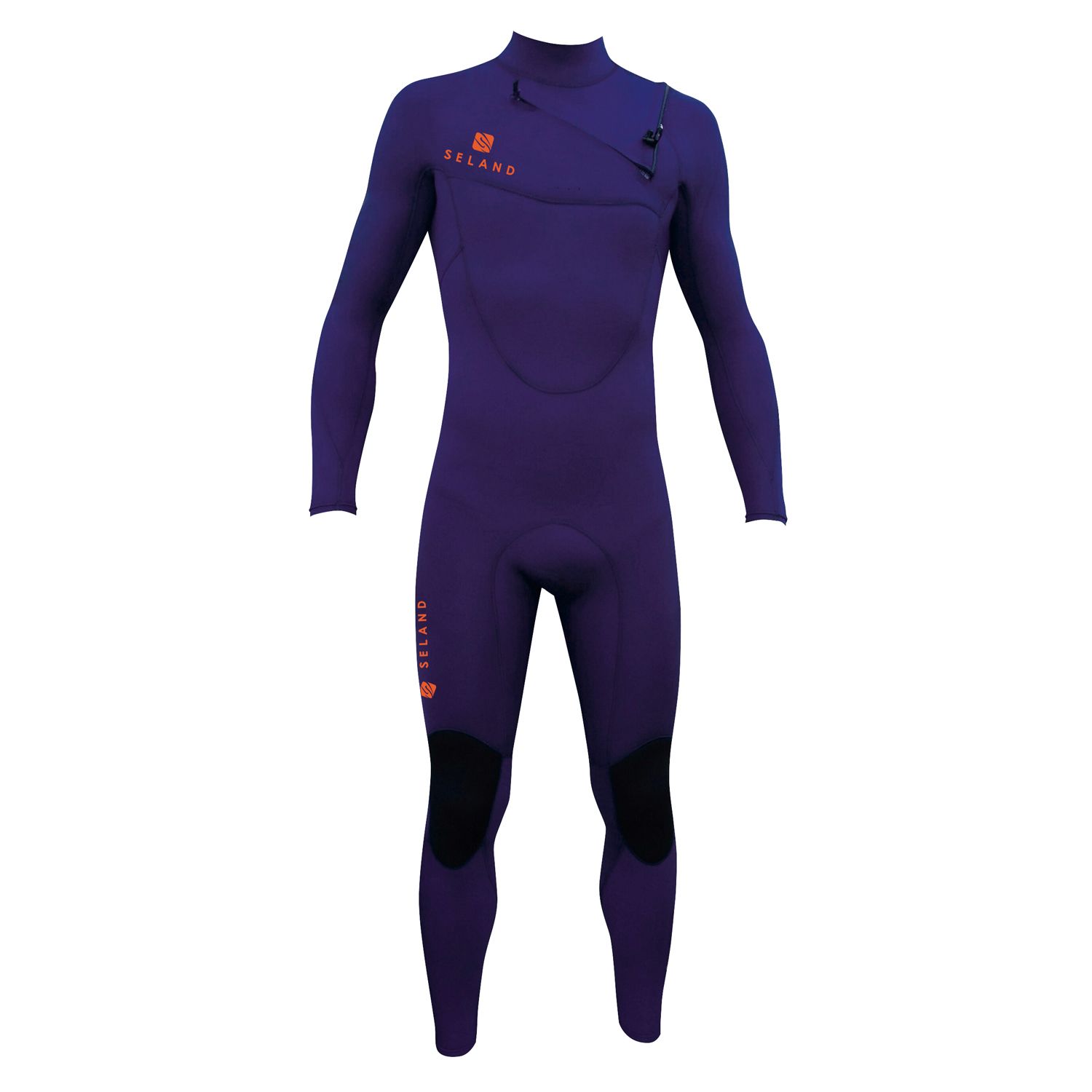 Roupa de mergulho roxa com joelheiras pretas e logotipo laranja em fundo branco.