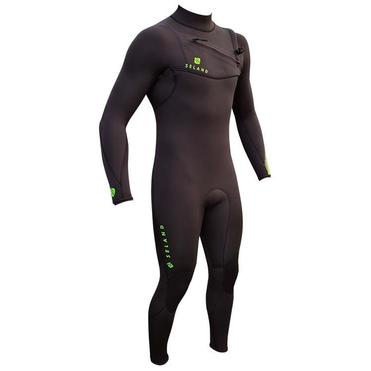 Roupa de mergulho preta e verde em um manequim, vista frontal.