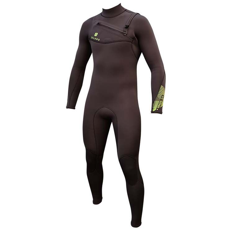 Roupa de mergulho preta e verde em um manequim, vista frontal.