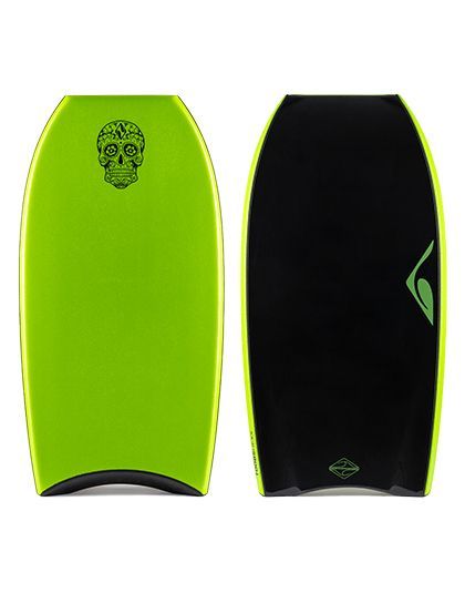 Prancha de bodyboard azul e dourada com desenho de caveira e logotipo.