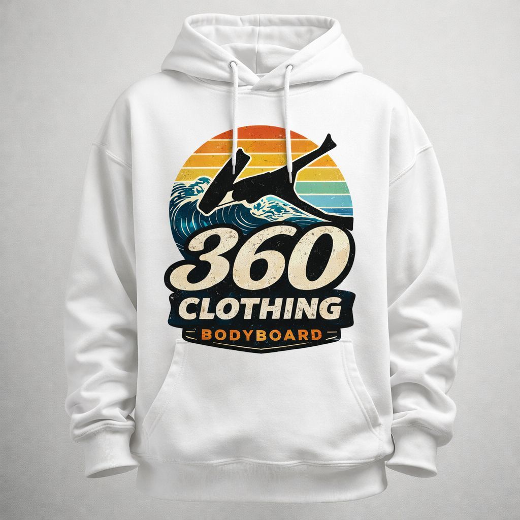 Moletom branco com um logotipo que apresenta uma pessoa praticando bodyboard em uma onda, com o pôr do sol ao fundo, e a inscrição: 