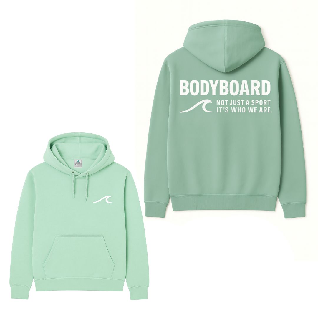 Dois moletons verde-menta, vista frontal e traseira, com texto "BODYBOARD" e logotipo ondulado.