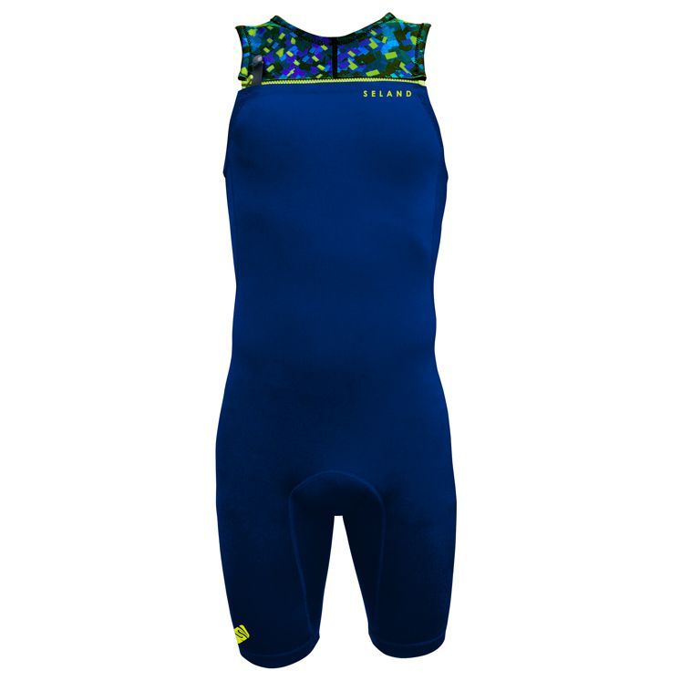 Fato de triatlo azul marinho com gola estampada e detalhes em amarelo.