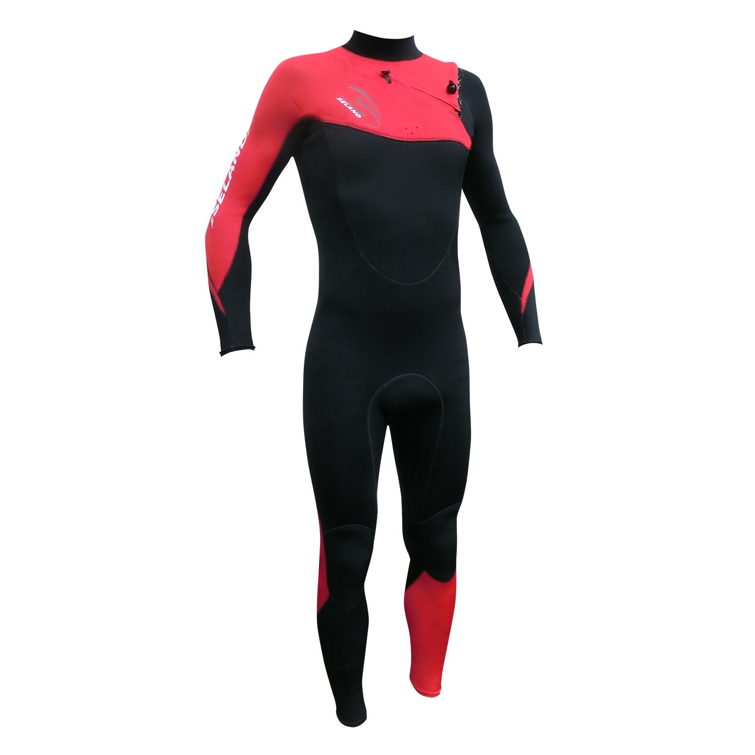 Fato de mergulho preto e vermelho que cobre todo o corpo, provavelmente para desportos aquáticos.