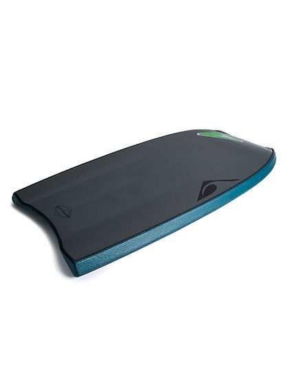 Duas pranchas de bodyboard pretas com detalhes e logotipos em verde-azulado sobre um fundo branco.