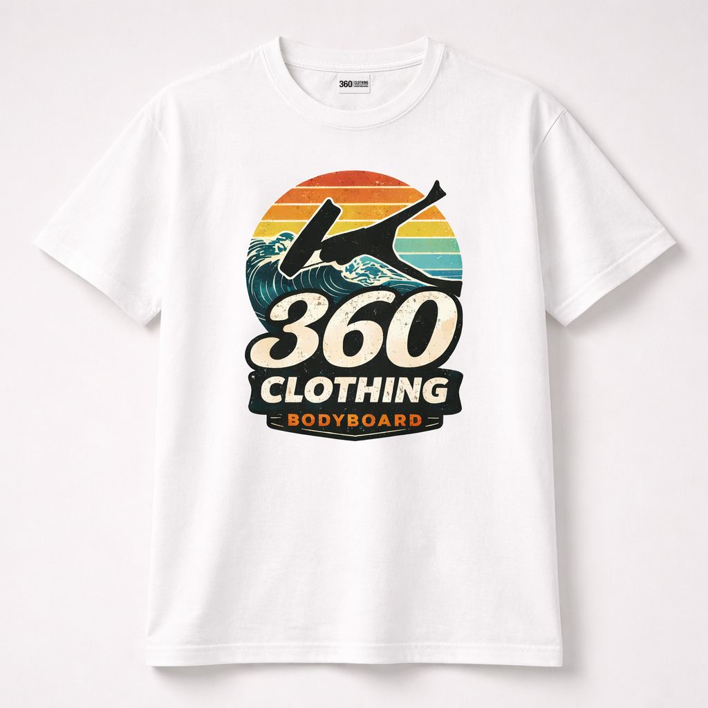 Camiseta branca com estampa de bodyboarder, logo 