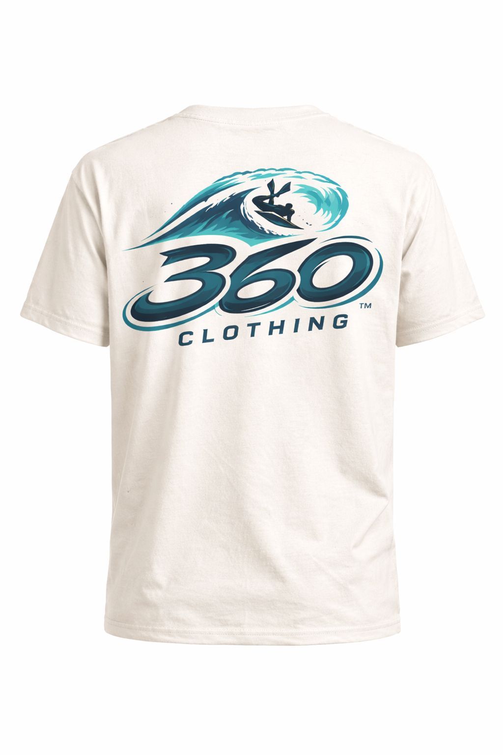 Camiseta cor creme com uma onda azul e o logotipo da 360 Clothing nas costas.