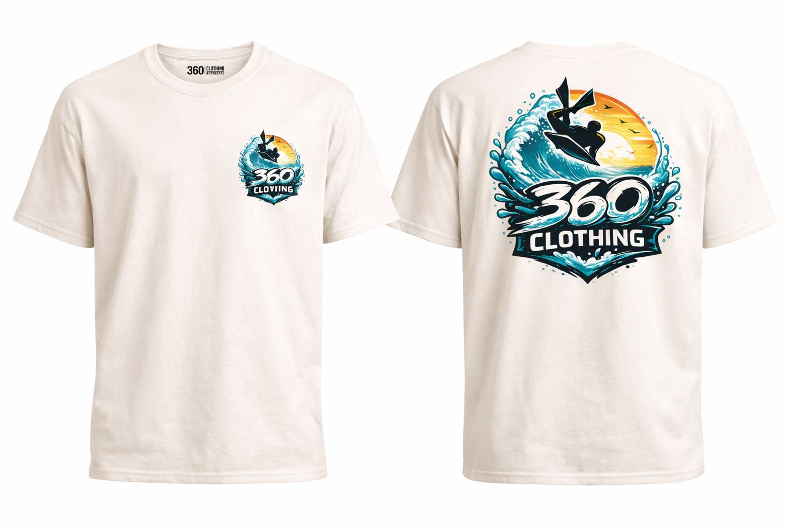 Camiseta cor creme com estampa de onda e surfista; logotipo 