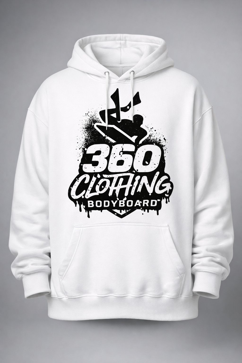 Moletom branco com logo preto da 360 bodyboarding e silhueta de surfista.
