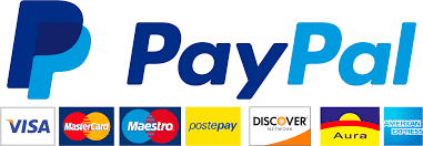Logotipo do PayPal com ícones dos métodos de pagamento: Visa, Mastercard, Maestro, Postepay, Discover, Aura, American Express.