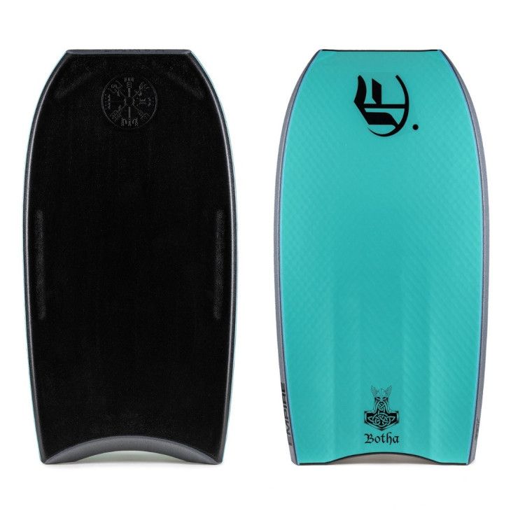 Duas pranchas de bodyboard: uma preta e outra turquesa com logotipos. empire