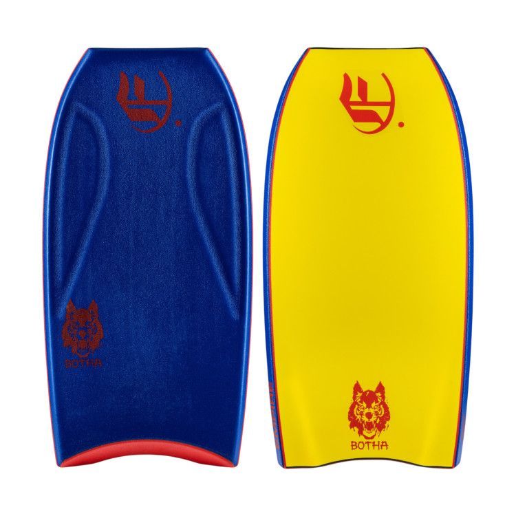 Duas pranchas de bodyboard, uma azul com detalhes em vermelho e uma amarela com detalhes em vermelho, ambas com logotipos.empire
