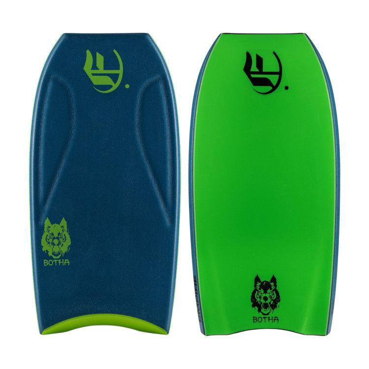 Duas pranchas de bodyboard coloridas, uma azul/verde, uma verde/azul, com logotipos.empire