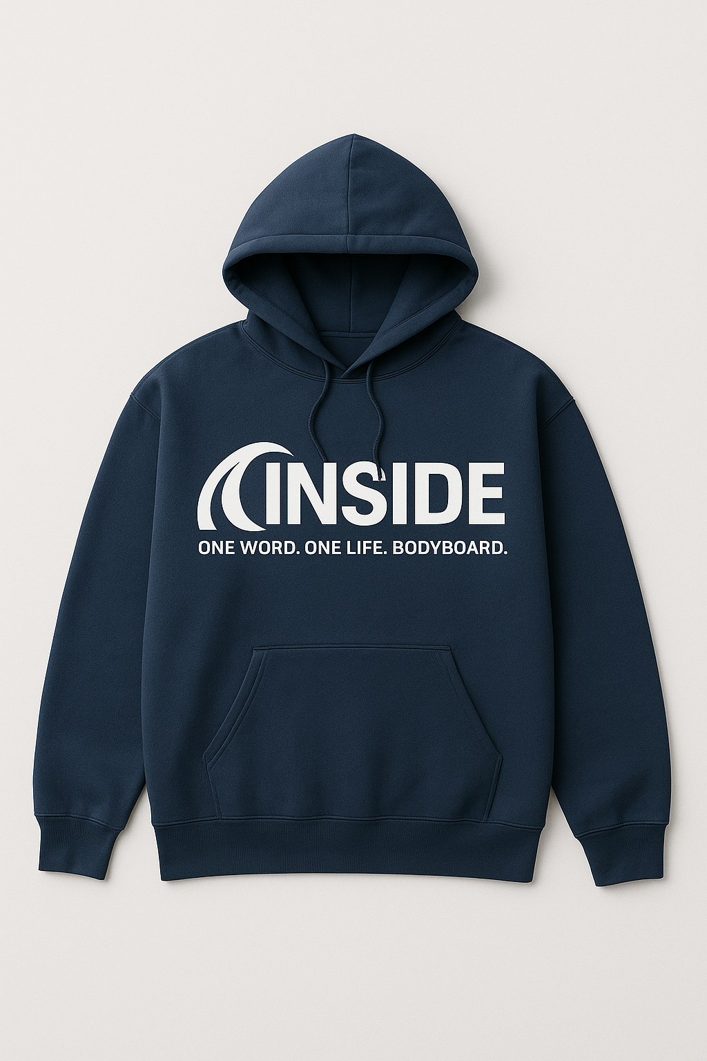 Moletom com capuz azul marinho com a palavra "INSIDE" e um design curvo em branco.
