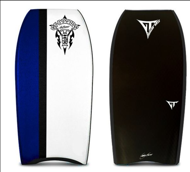 Bodyboards: azul, branco e preto com logotipos.