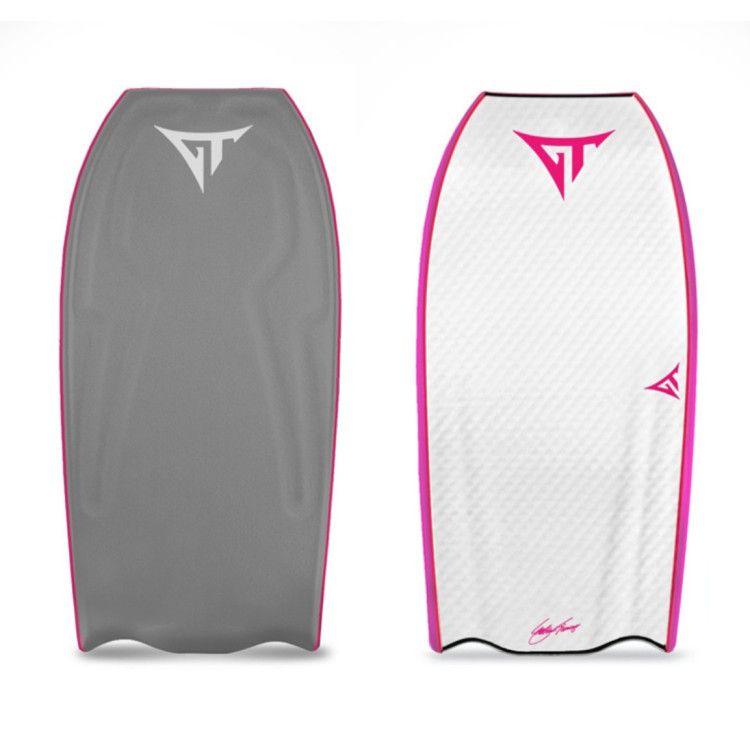 Duas bodyboards: uma cinza, uma branca com detalhes em rosa, ambas com logotipos.