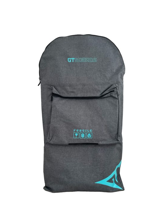 Bolsa para prancha de SUP GT cinza escuro com detalhes em turquesa e um bolso frontal.