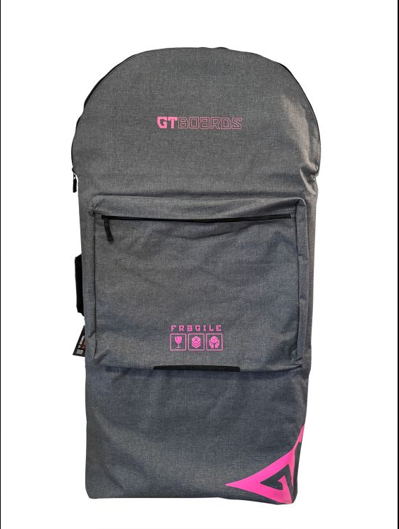 Bolsa para prancha GT cinza e rosa. Bolso frontal, logotipo, ícones.