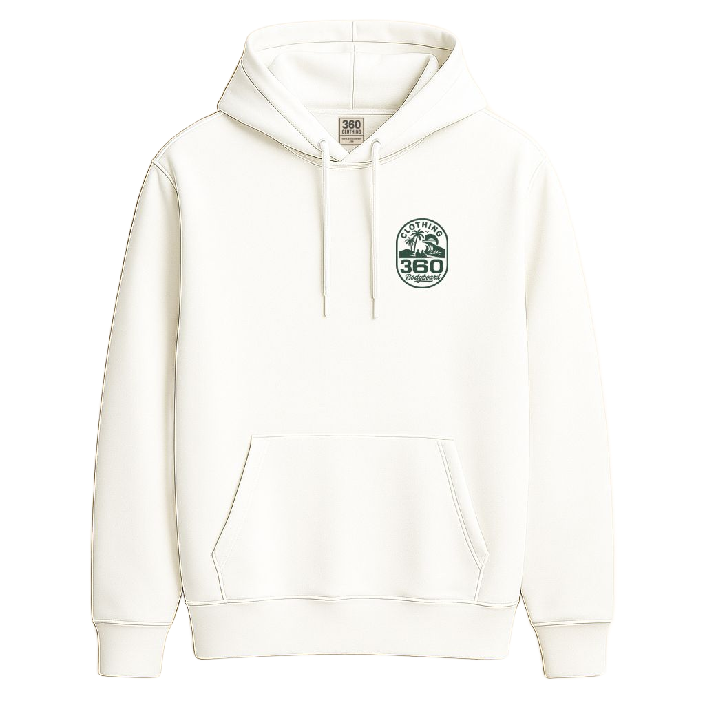 Moletom branco com um logotipo verde e branco que diz 