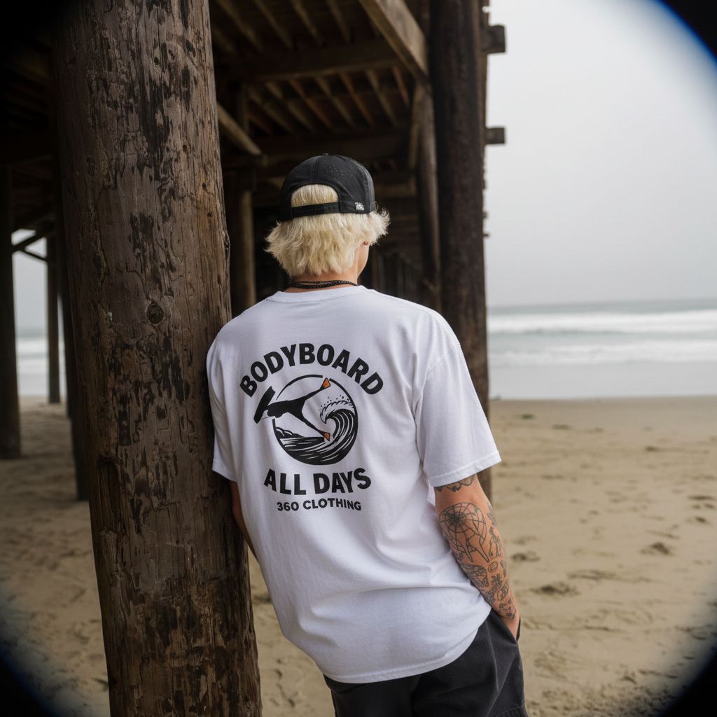 Homem de camisa branca com estampa nas costas, encostado em um poste de madeira do píer na praia.