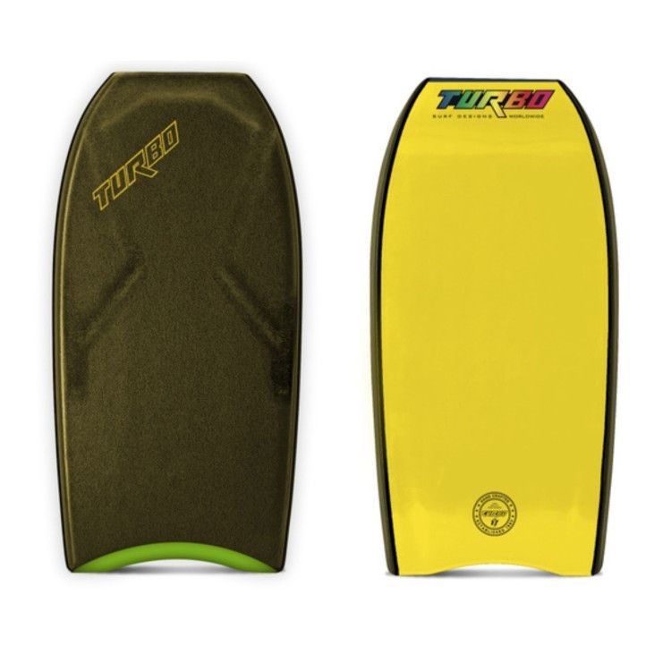 Bodyboard de dois lados; um lado é escuro com um logotipo, o outro é amarelo com um logotipo e trilhos pretos.