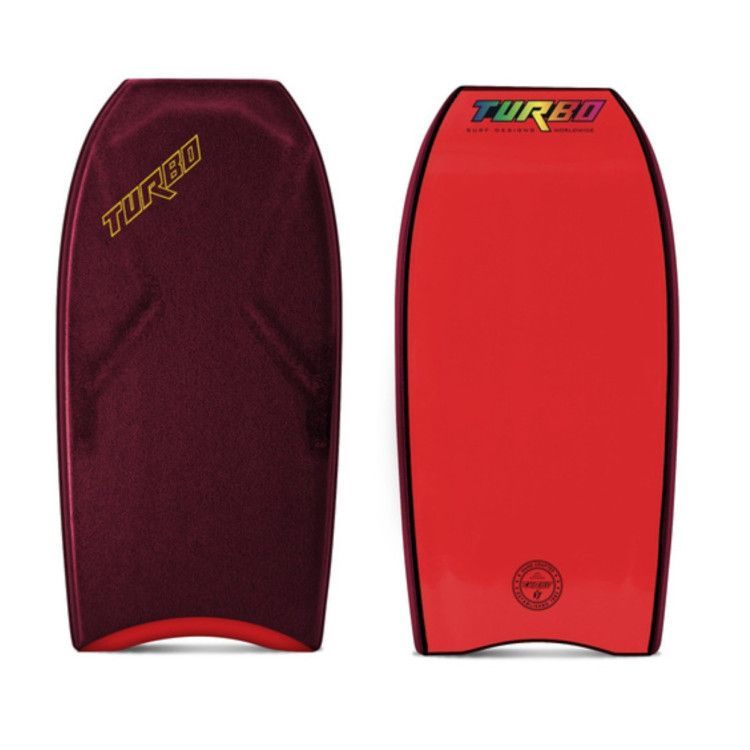 Duas pranchas de bodyboard: parte superior marrom, parte inferior vermelha. Logotipo "TURBO".