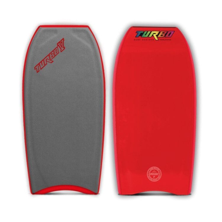 Duas pranchas Turbo bodyboard vermelhas e cinzas.