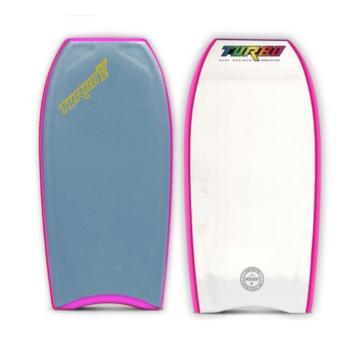 Duas bodyboards, uma cinza/rosa, a outra branca/rosa, com o logotipo "Turbo".