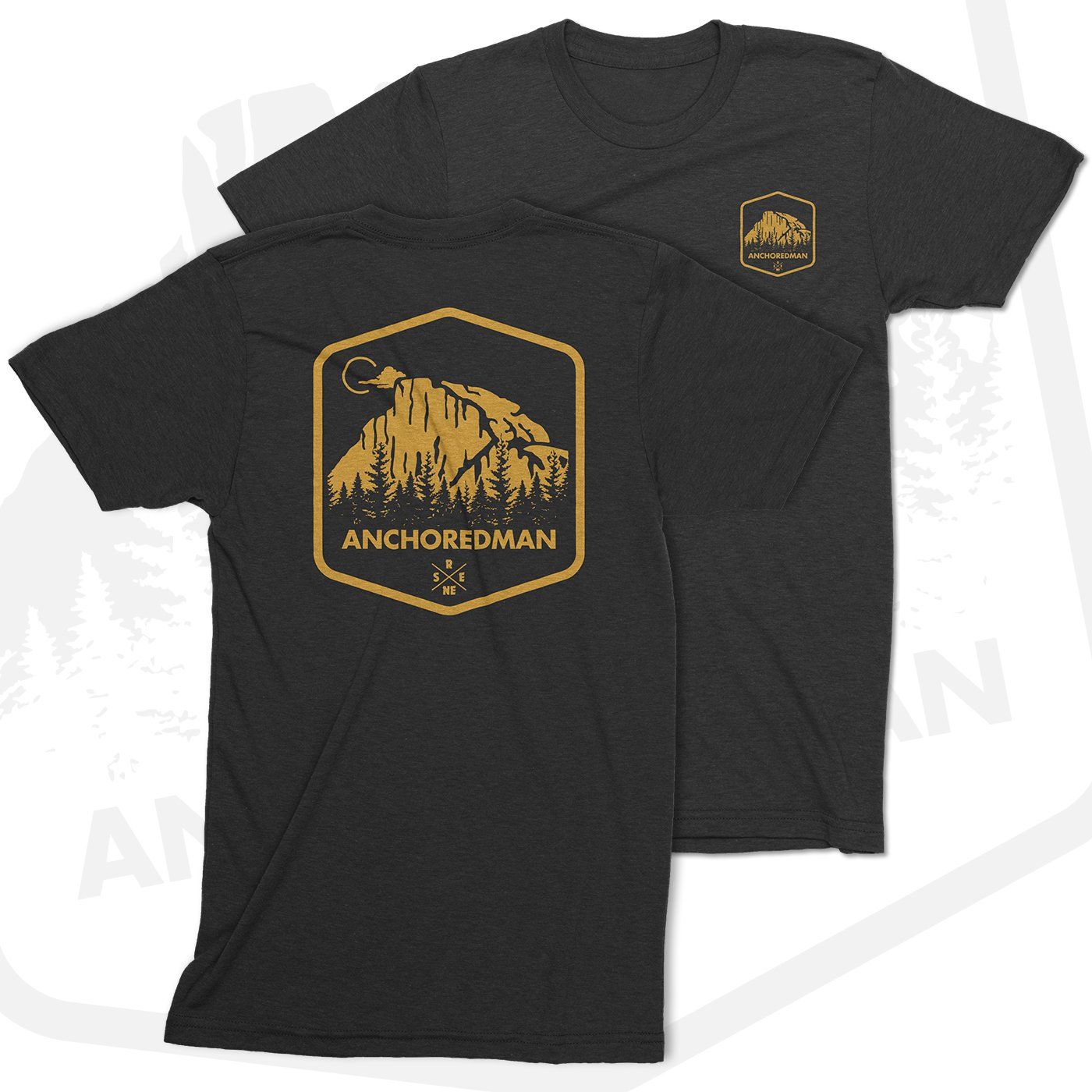 The front and back of a black anchoredman t-shirt