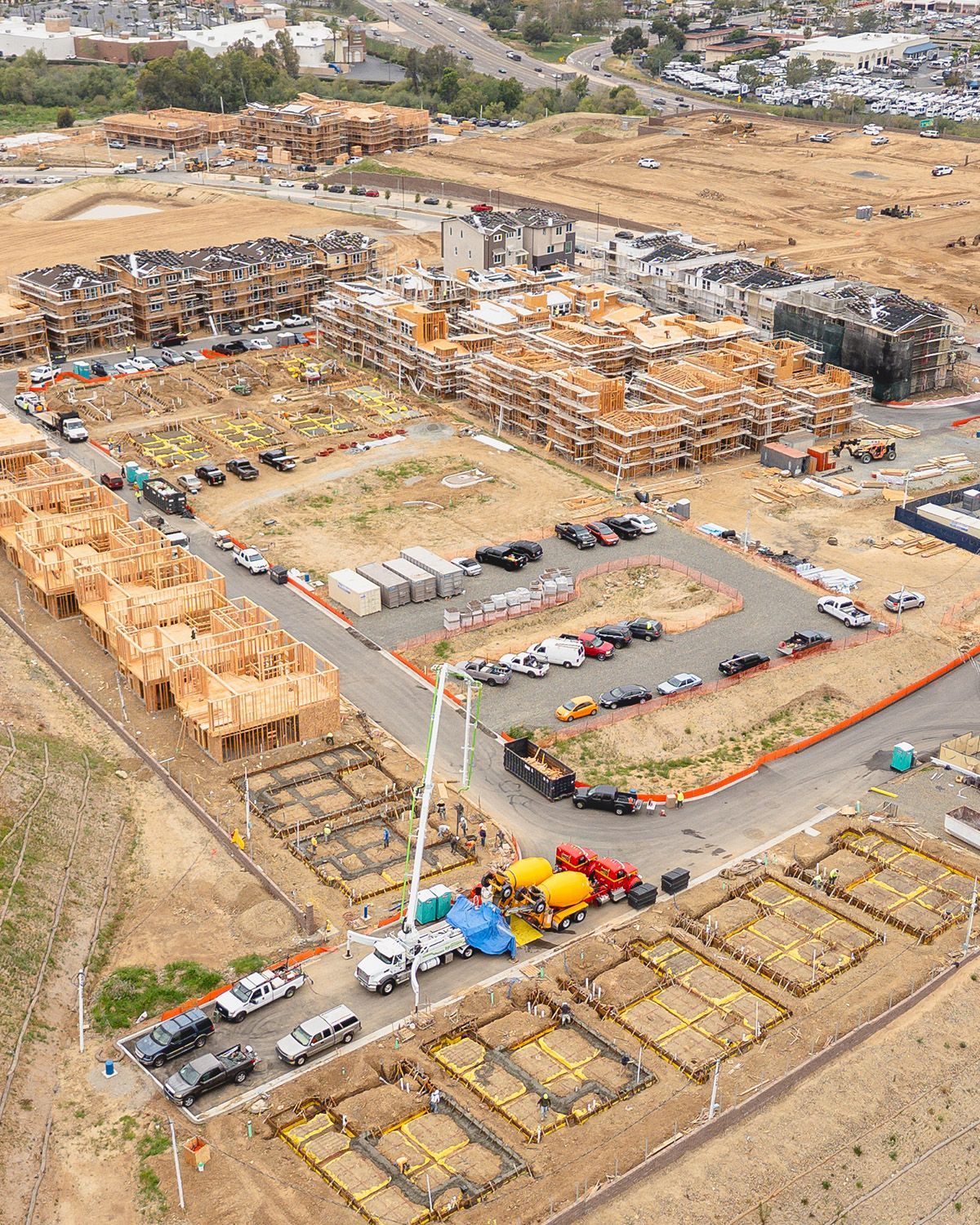 An aerial view of a large building under construction.