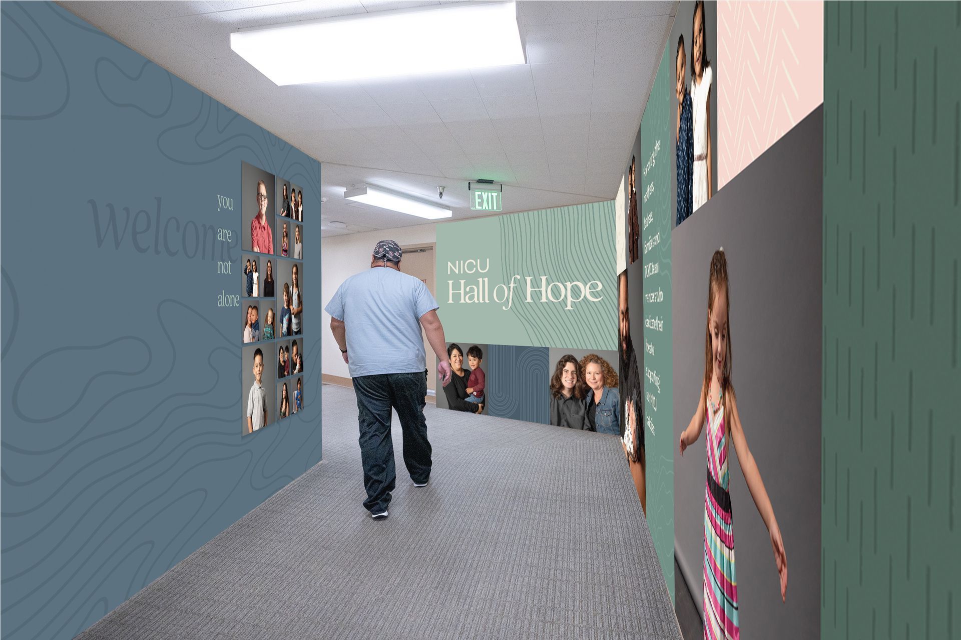 Man walks down a hallway with photos on walls, including a