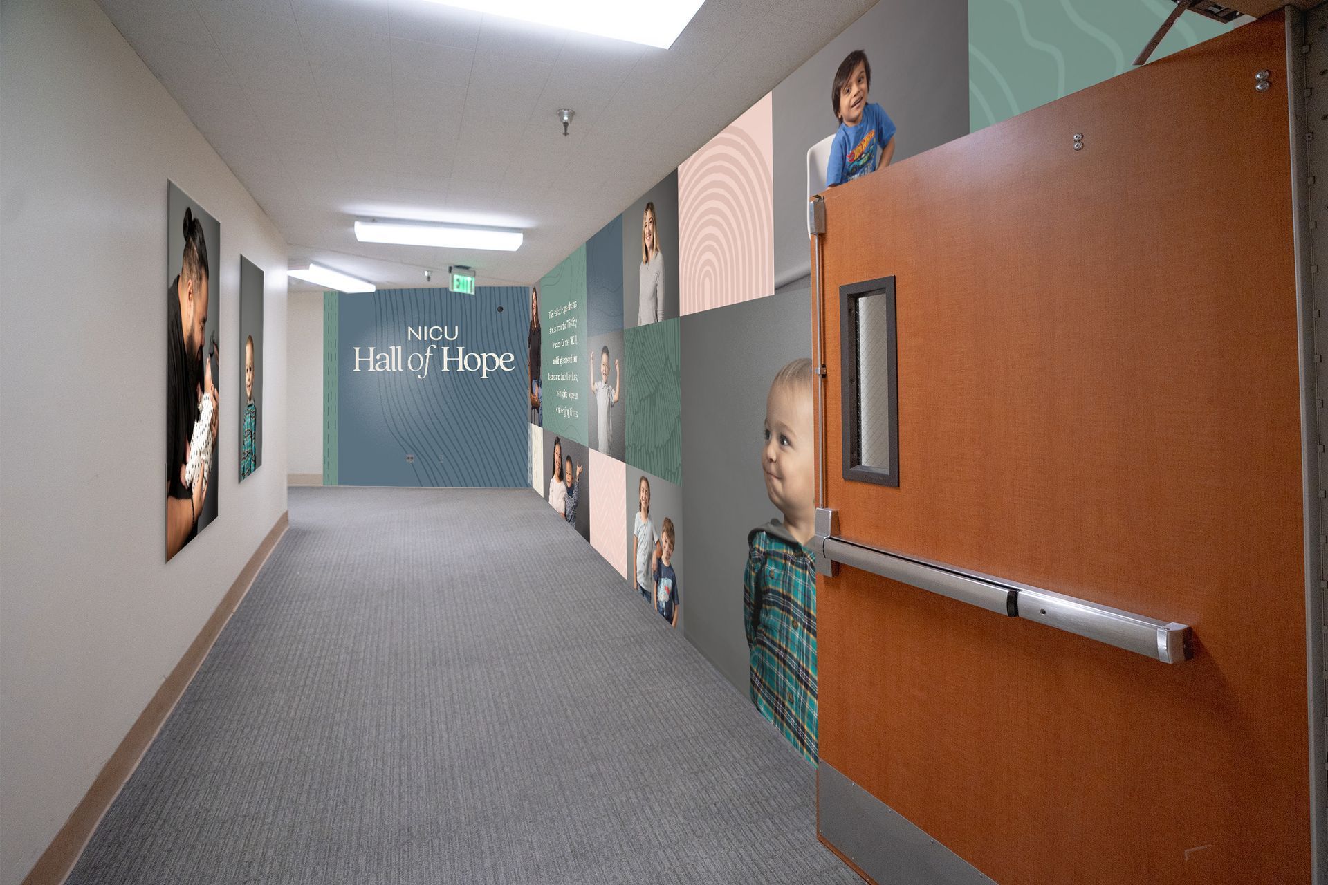 Hallway with children's images, colorful panels, and a brown door.