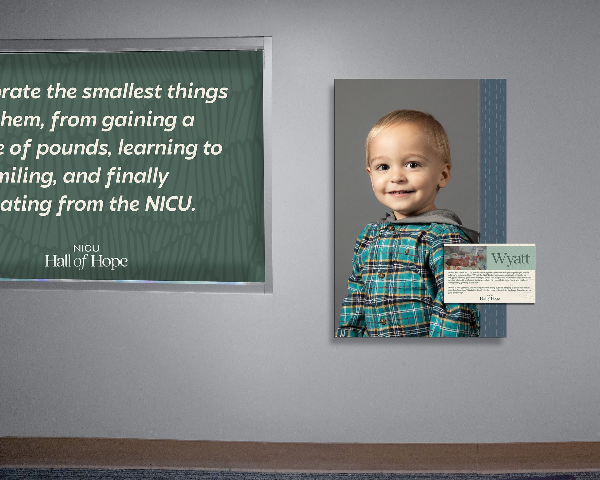 Smiling toddler portrait next to a chalkboard with a heartwarming quote on a gray wall.